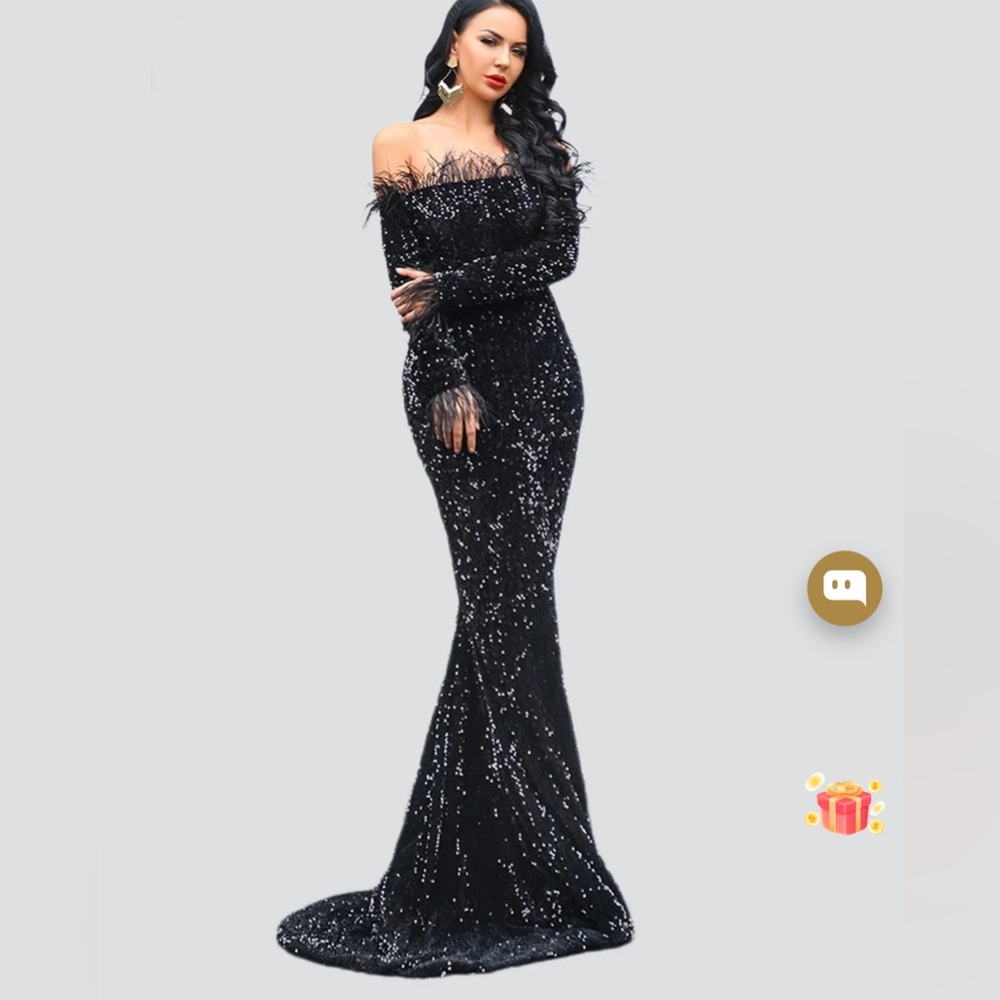 Black feather off shoulder dress